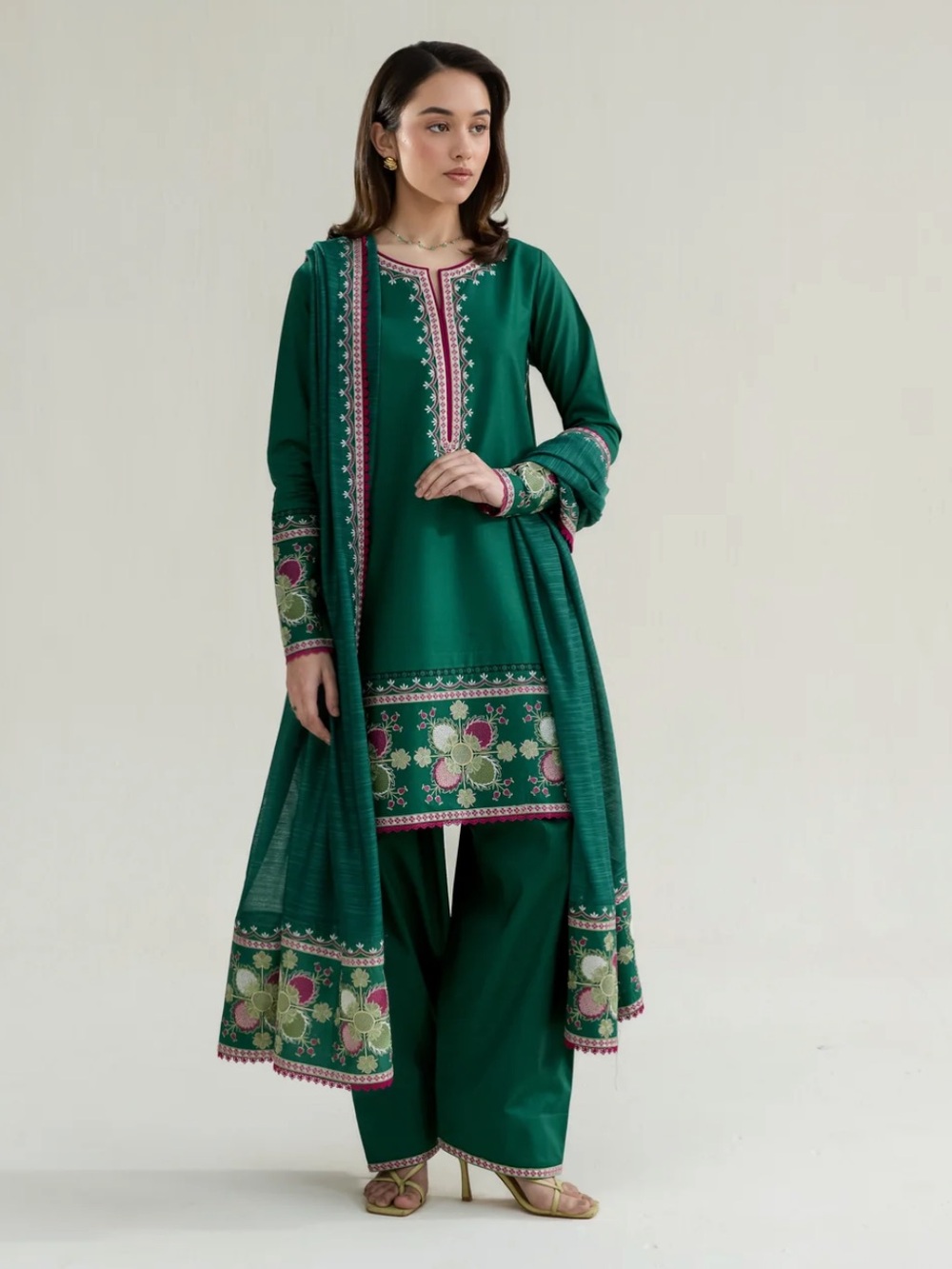 ZAIB PAKISTANI DESIGNER EMERALD GREEN LUXURY EMBROIDERED LAWN 3PCS SET